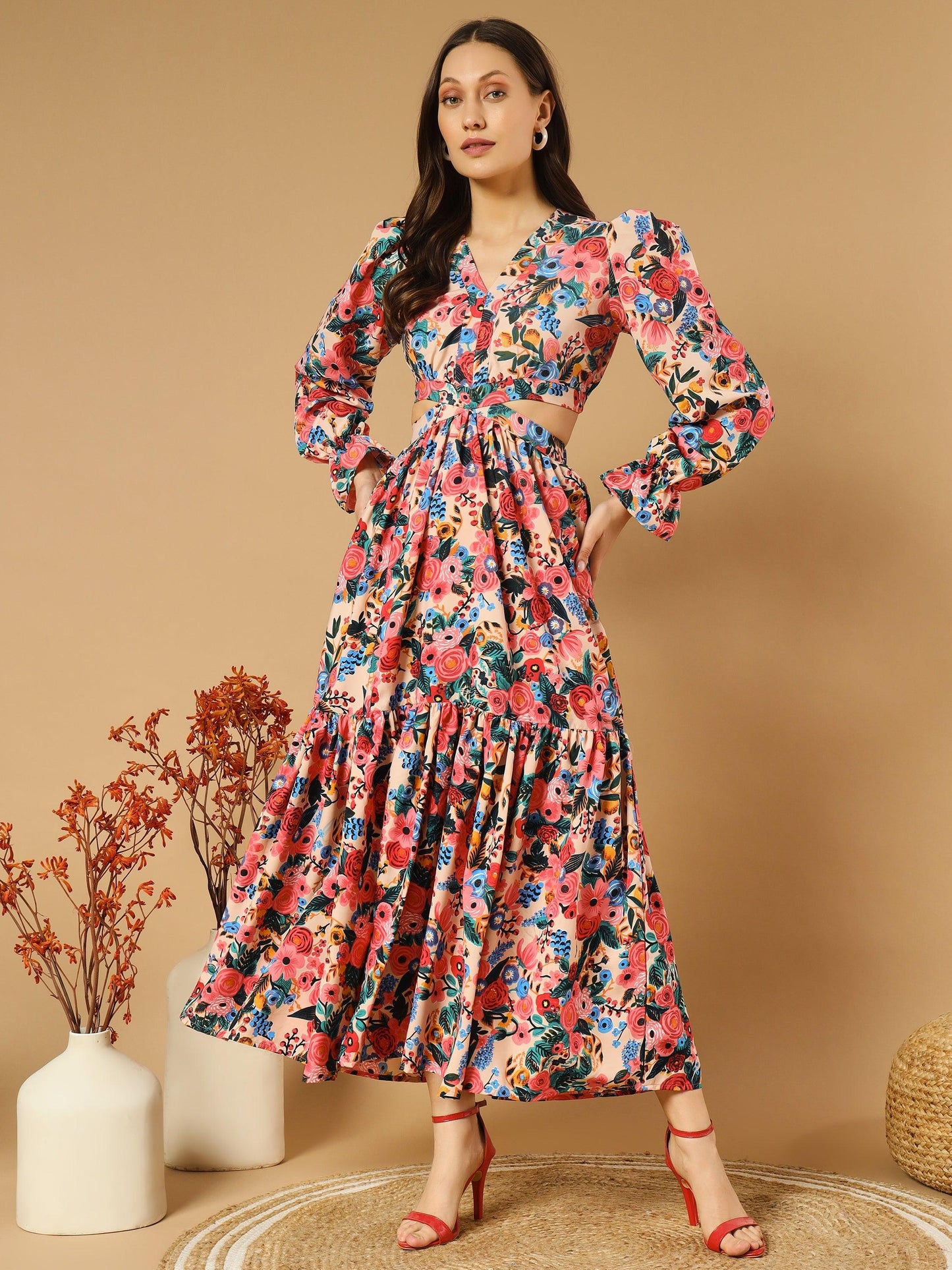 reddish flowery v-neck long dress with back cut-out - snowera