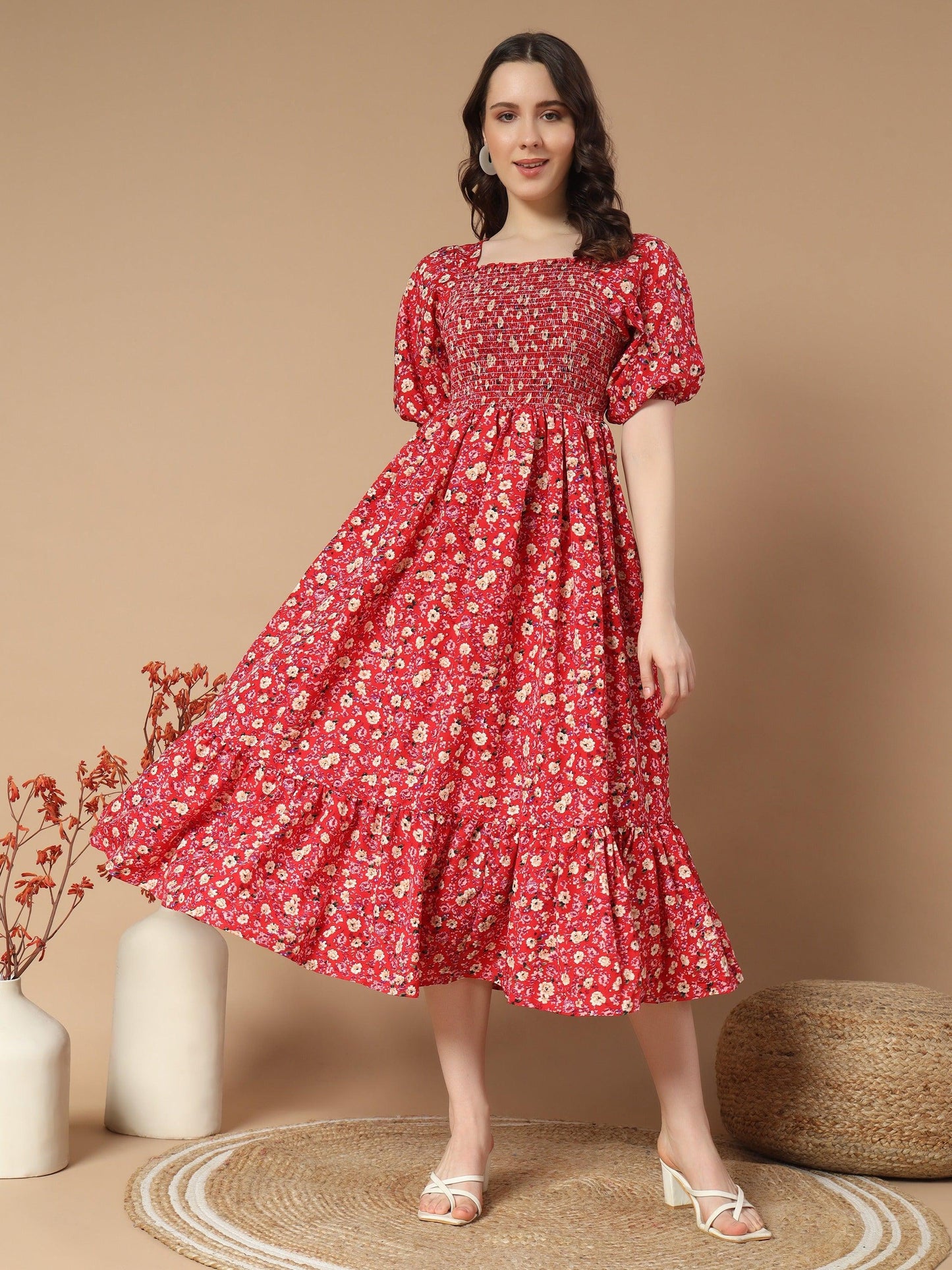 graceful dress with rose flower print