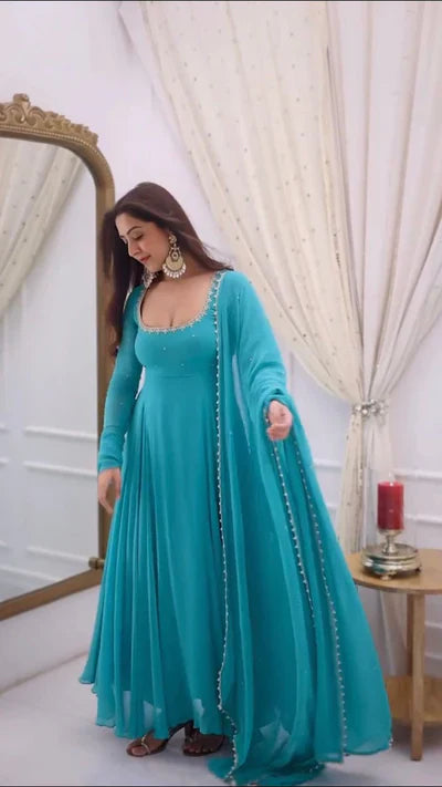 ishka sky blue anarkali suit set