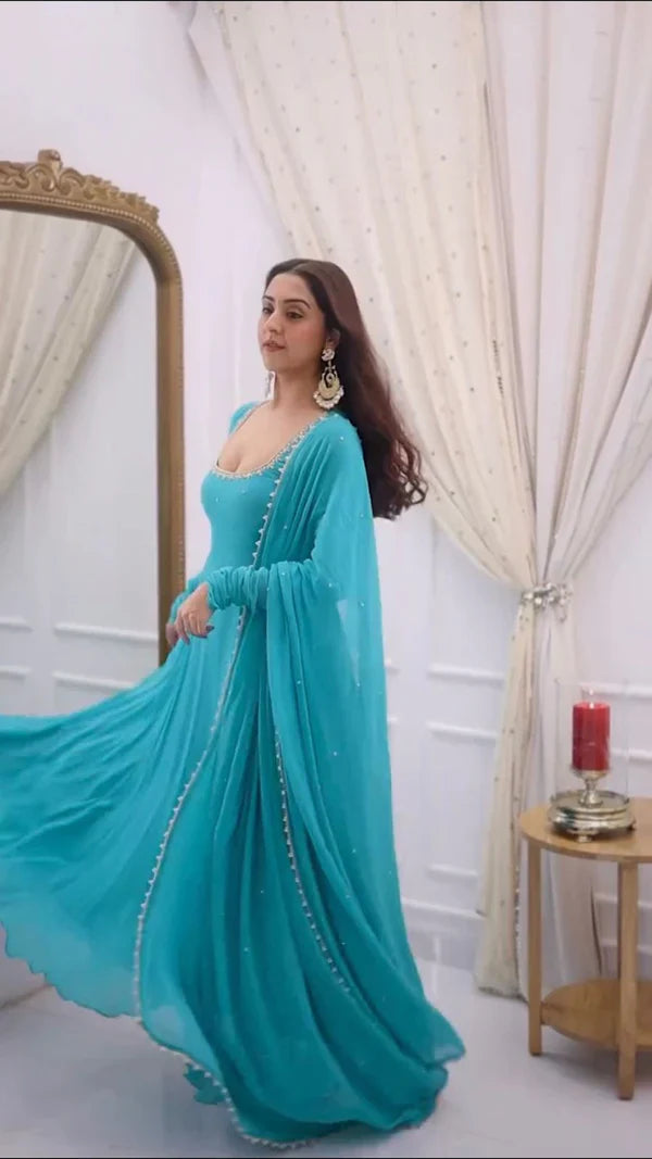 ishka sky blue anarkali suit set