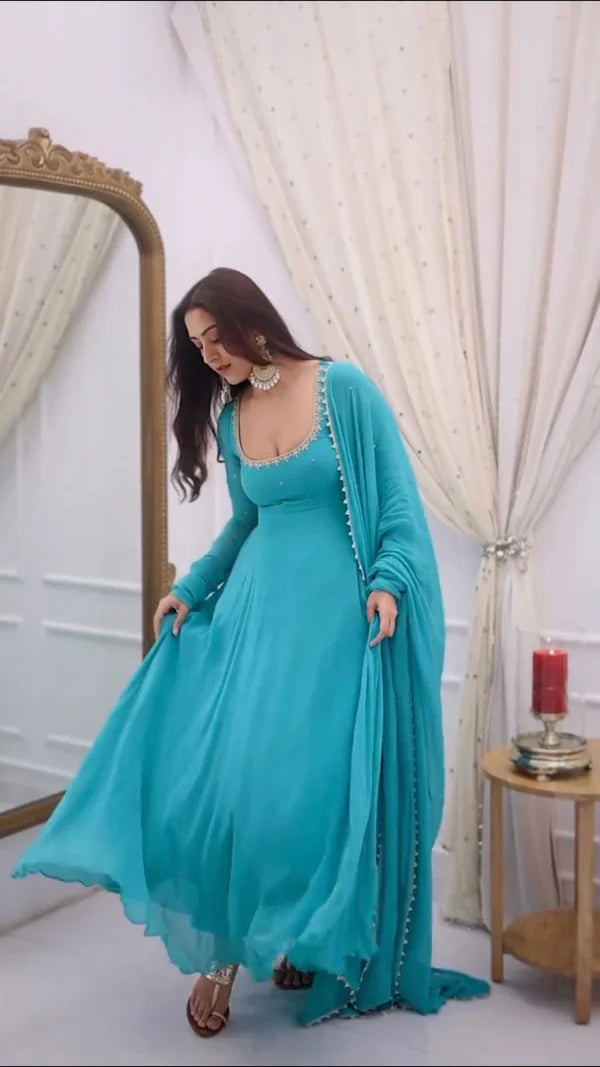ishka sky blue anarkali suit set