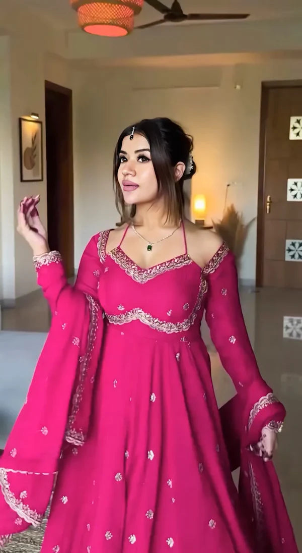 rani gulzar pink anarkali suit set