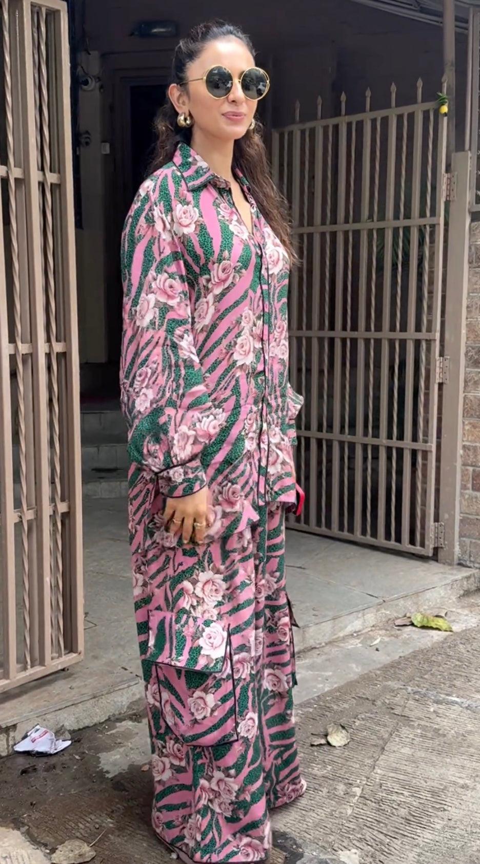 pink floral rayon co-ord set with black piping