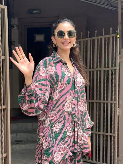 Pink Floral Rayon Co-ord Set with Black Piping