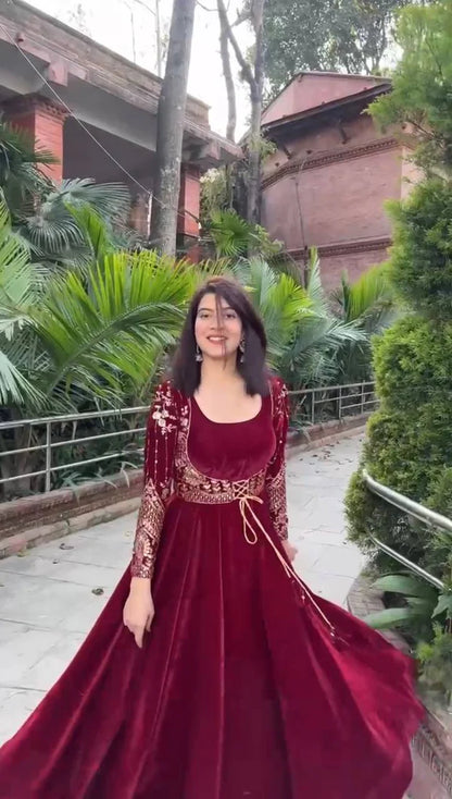 Sukena Maroon Velvet Anarkali Suit Set