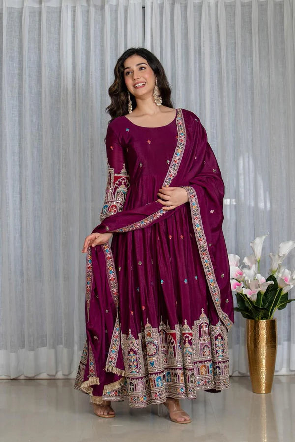 simran's wine canvas cinon silk anarkali suit set