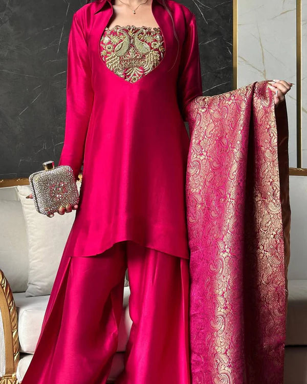 bejeweled pink heavy kurta set with dupatta