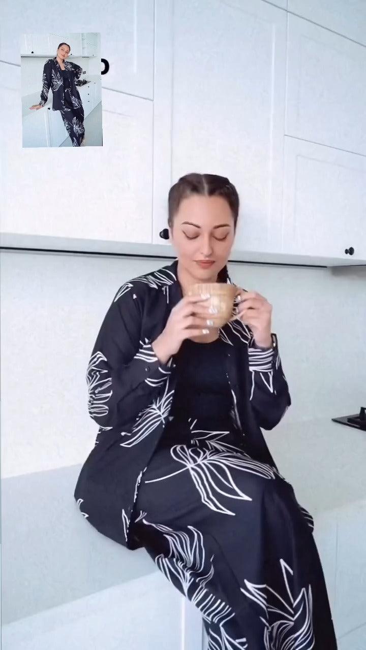 black leaf print rayon co-ord set with full sleeves