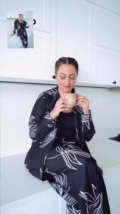 Black Leaf Print Rayon Co-ord Set with Full Sleeves