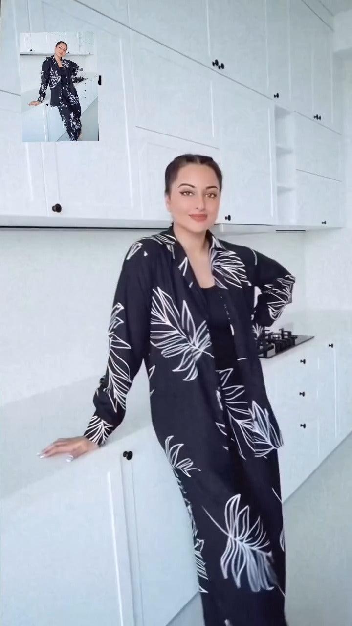 black leaf print rayon co-ord set with full sleeves