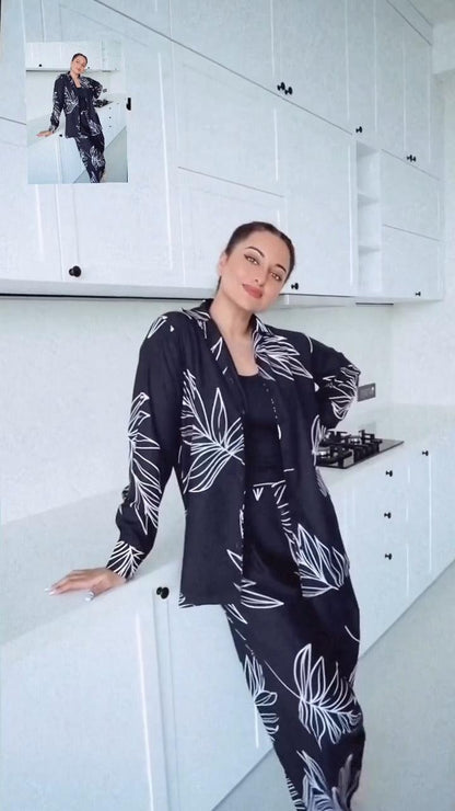 Black Leaf Print Rayon Co-ord Set with Full Sleeves