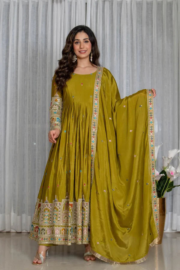 simran's goldenhour cinon silk anarkali suit set