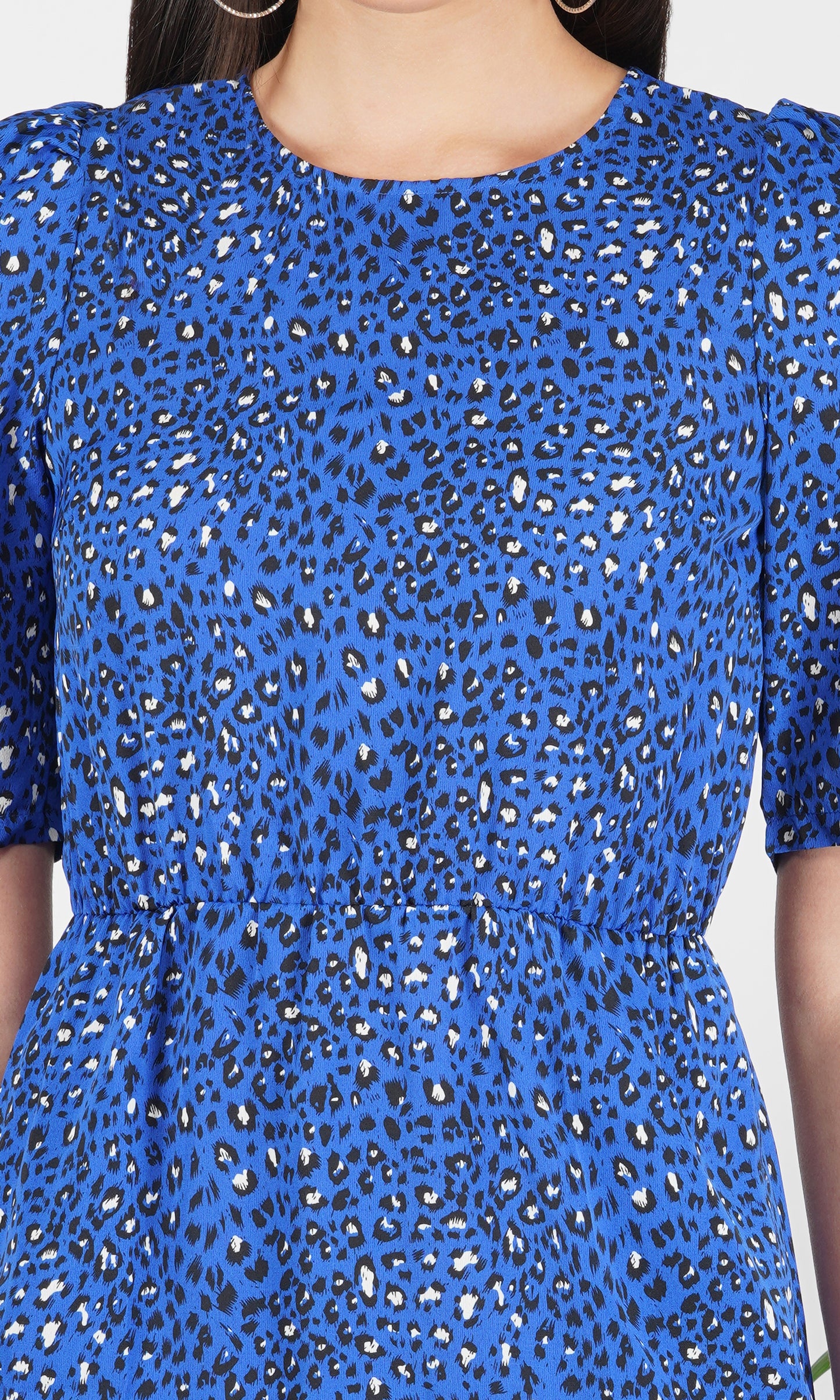 blue printed short sleeve ruffle hem mini dress