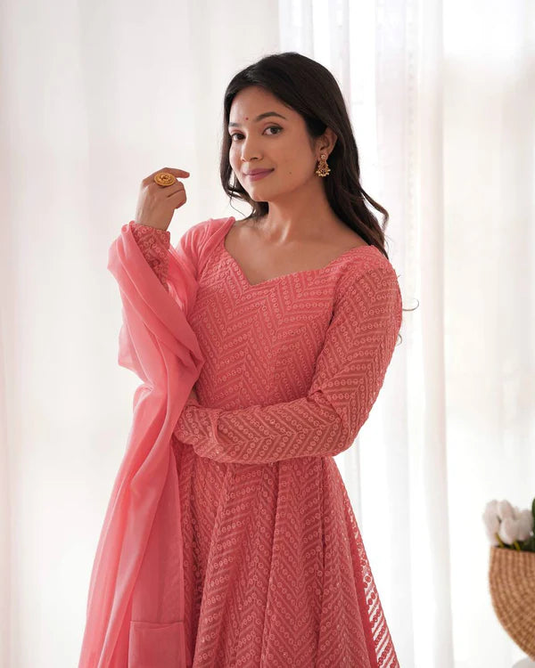 nashita peach embroidery heavy fox georgette anarkali suit set