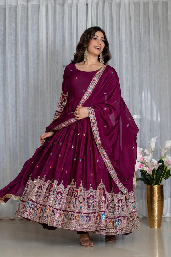 simran's wine canvas cinon silk anarkali suit set