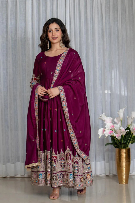 Simran's wine Canvas Cinon Silk Anarkali Suit Set