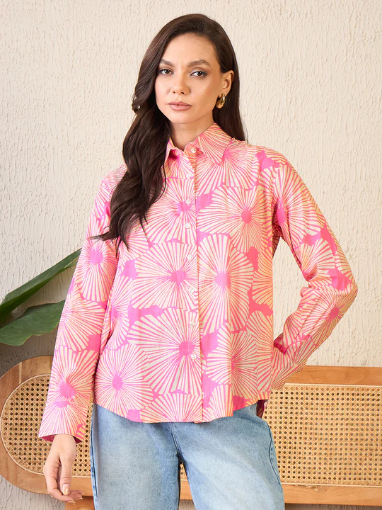 retro bloom pink & peach button-down shirt