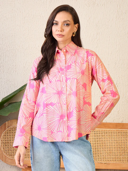 Retro Bloom Pink & Peach Button-Down Shirt