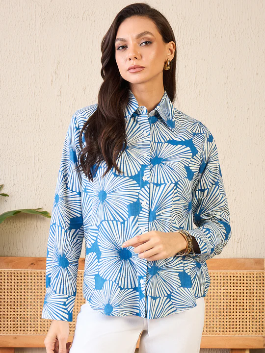 retro bloom blue & white button-down shirt