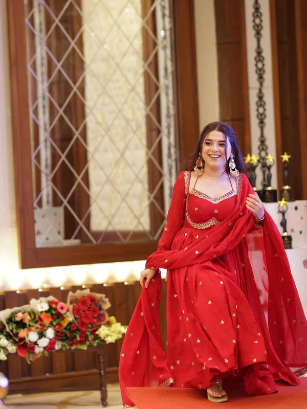 neha's red embroidered anarkali