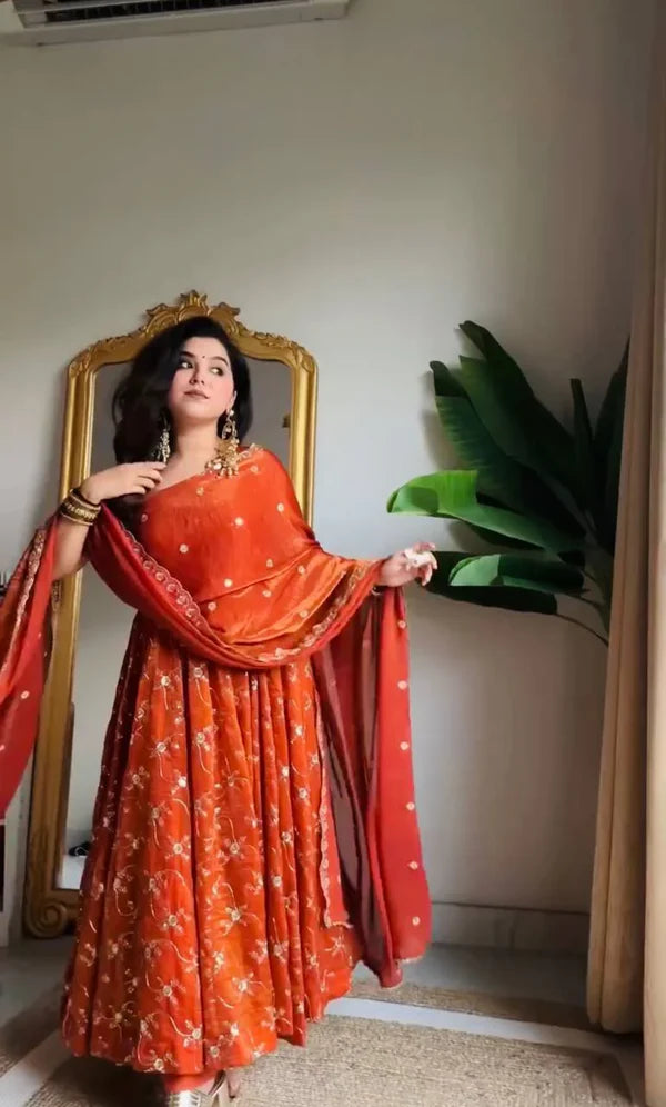 radiant elegance orange embroidered anarkali