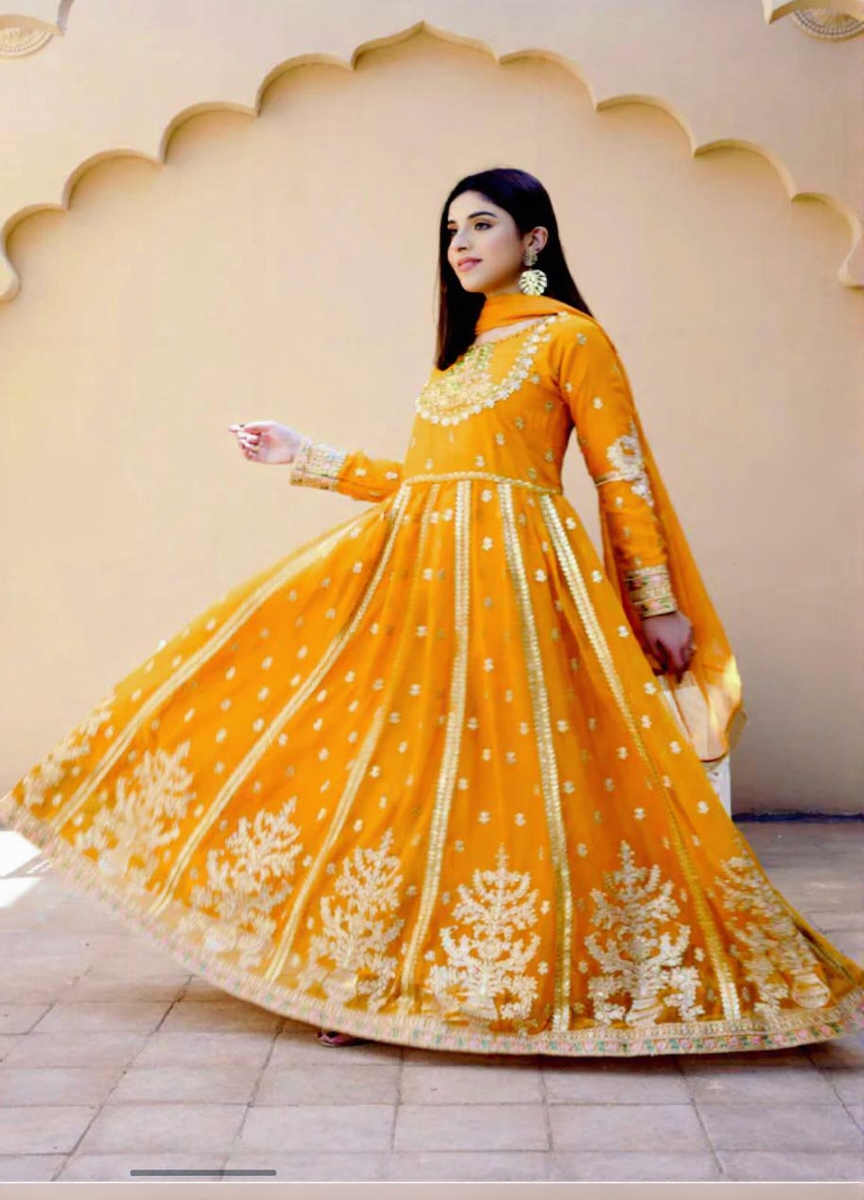 gold zari anarkali gown set