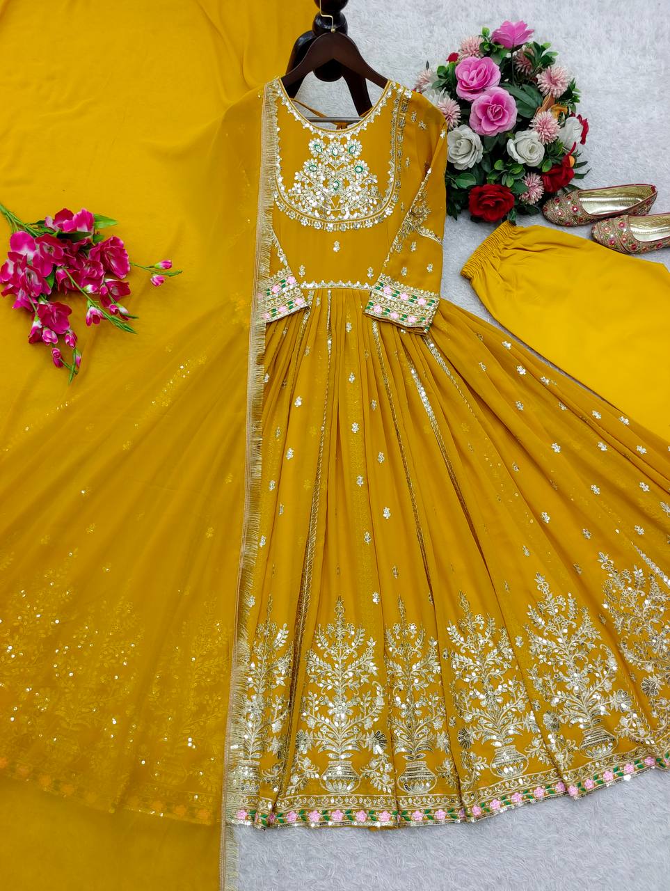 gold zari anarkali gown set