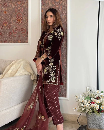 Zarqa Wine Velvet Embroidered Suit Set