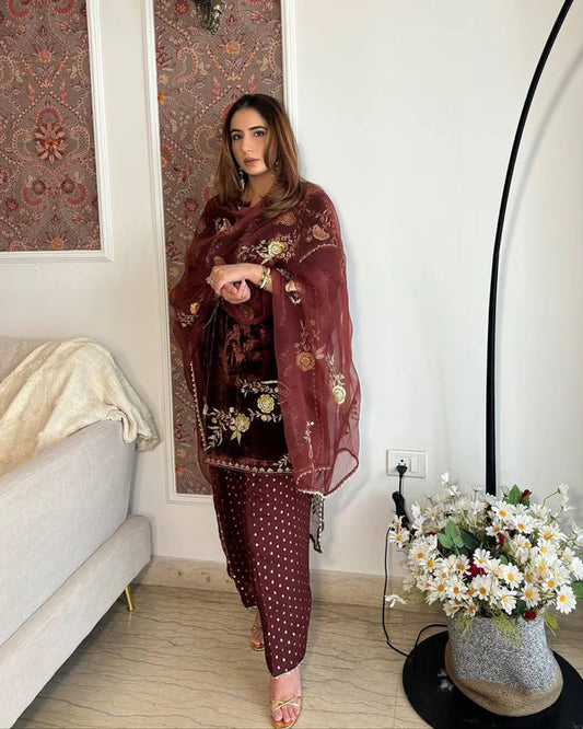 Zarqa Wine Velvet Embroidered Suit Set