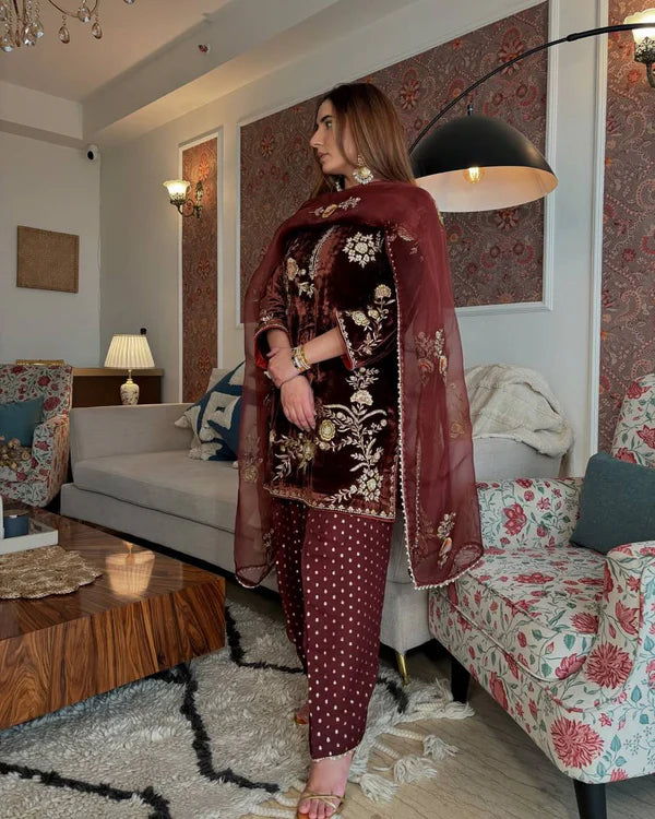 zarqa wine velvet embroidered suit set