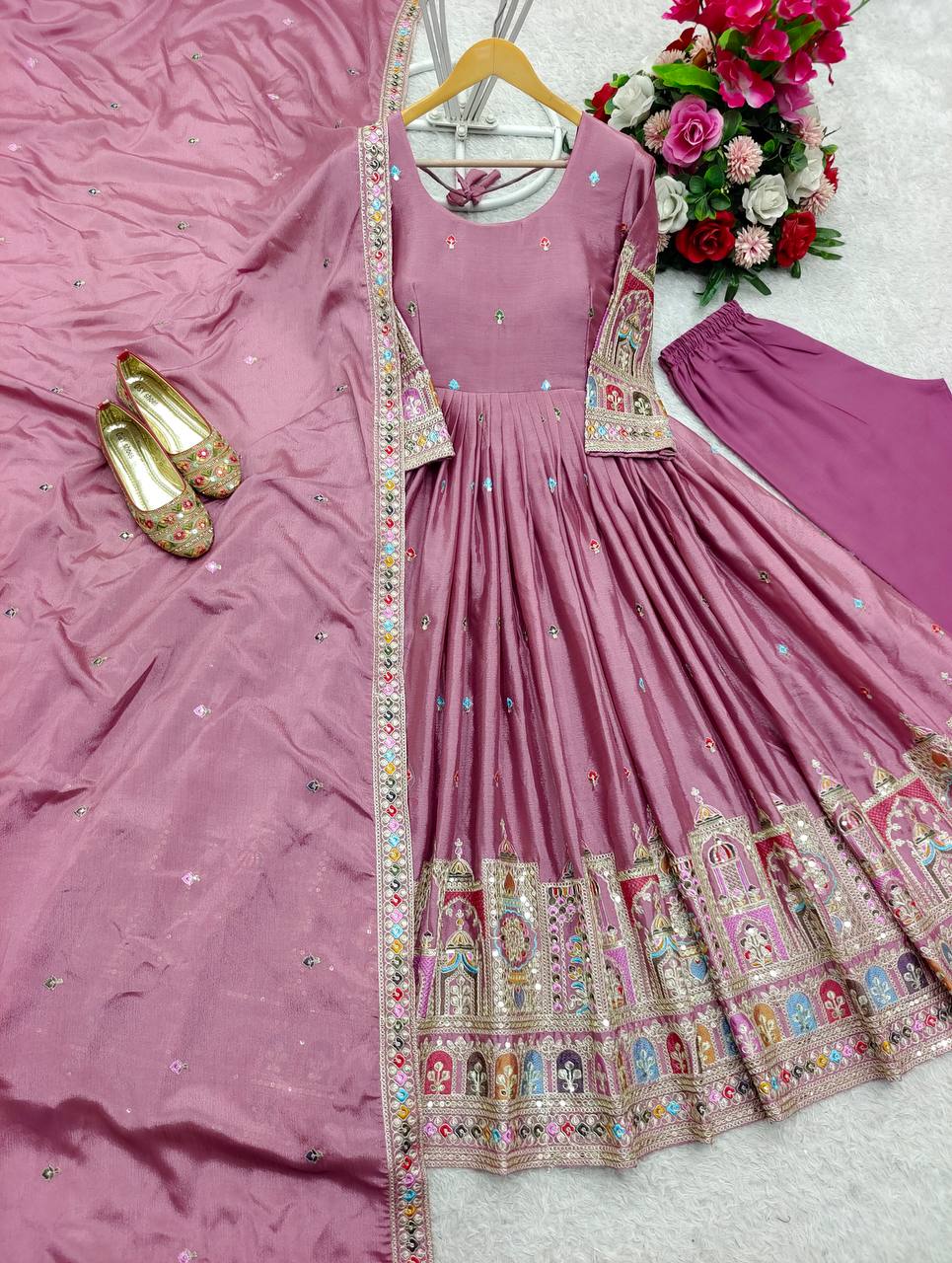 dusty rose embroidered anarkali gown set with dupatta