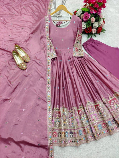 Dusty Rose Embroidered Anarkali Gown Set with Dupatta