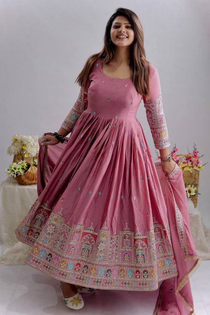 Dusty Rose Embroidered Anarkali Gown Set with Dupatta