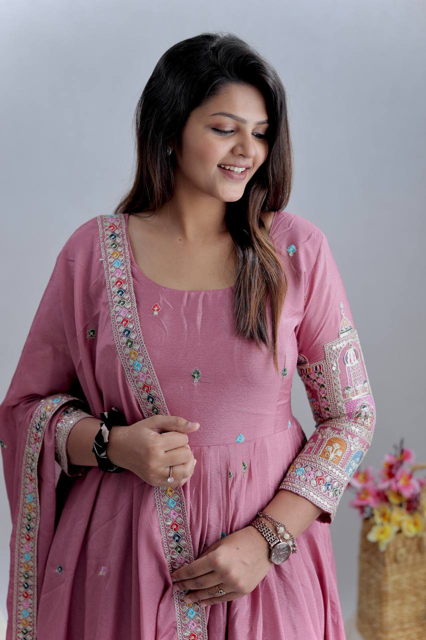 dusty rose embroidered anarkali gown set with dupatta