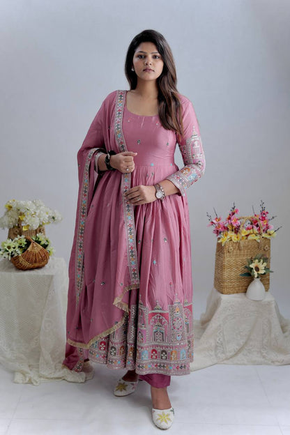 Dusty Rose Embroidered Anarkali Gown Set with Dupatta