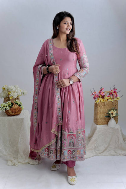 Dusty Rose Embroidered Anarkali Gown Set with Dupatta