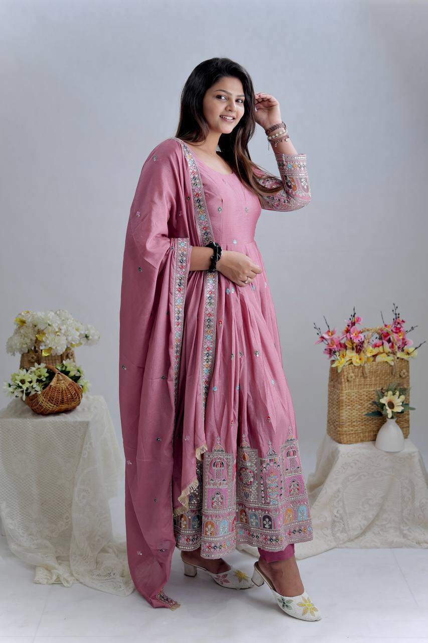 dusty rose embroidered anarkali gown set with dupatta