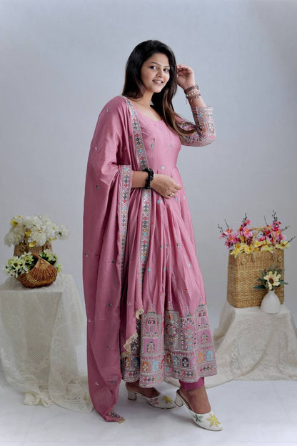 Dusty Rose Embroidered Anarkali Gown Set with Dupatta