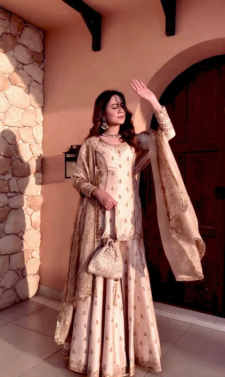 designer cream embroidered sharara set with dupatta