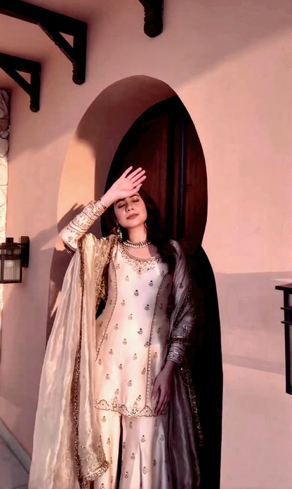 Designer Cream Embroidered Sharara Set with Dupatta