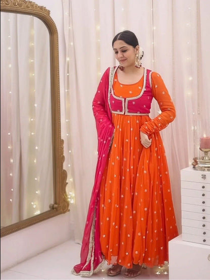 Faux Georgette Anarkali Gown with Koti, Dupatta & Pant