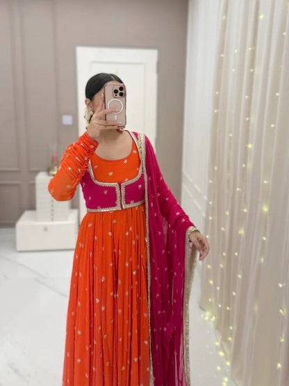 Faux Georgette Anarkali Gown with Koti, Dupatta & Pant