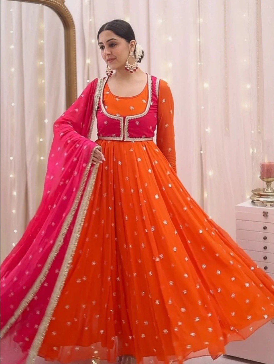faux georgette anarkali gown with koti, dupatta & pant