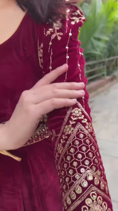 Sukena Maroon Velvet Anarkali Suit Set