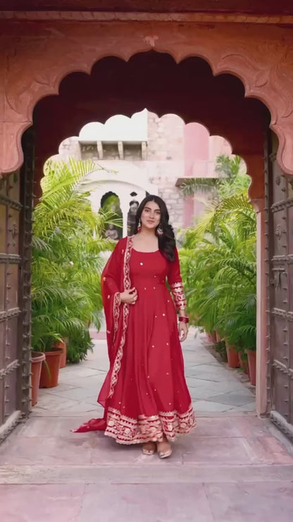 Zyrenza Red Celestique Anarkali Suit Set