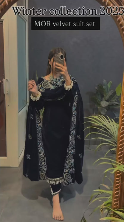 Midnight Noor Velvet Embroidered Suit Set